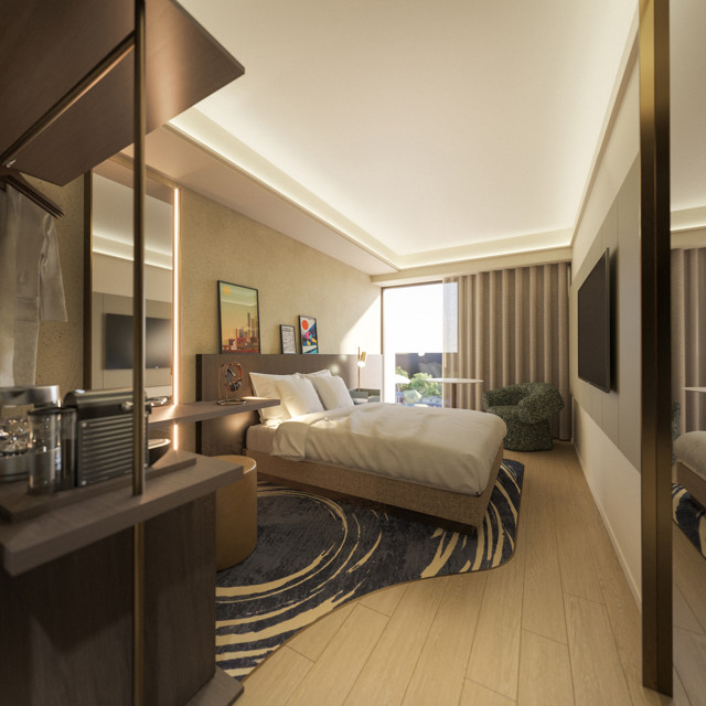 A modern hotel room featuring a bed with white linens, a coffee maker with cups on a shelf, a TV mounted on the wall, wall art, and a sitting chair by the window with thick curtains. The room has a contemporary design with wooden flooring.